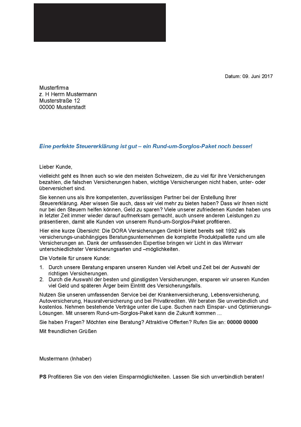 Kaltakquiseschreibenm für Versicherung aus der Schweiz