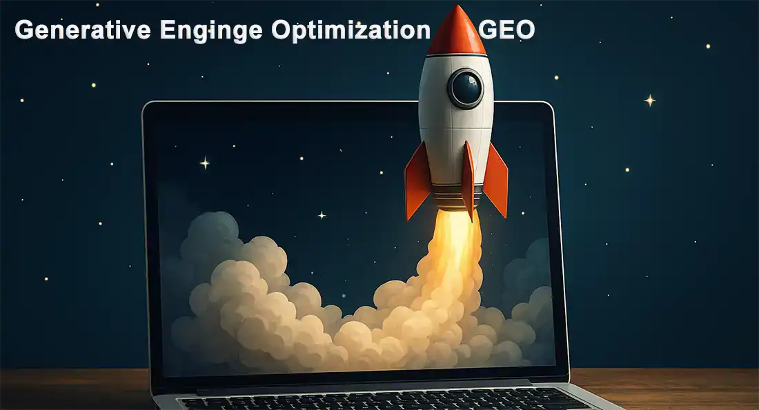 GEO Generative Engine Optimization als Rakete, die von eiem Laptop aufsteigt