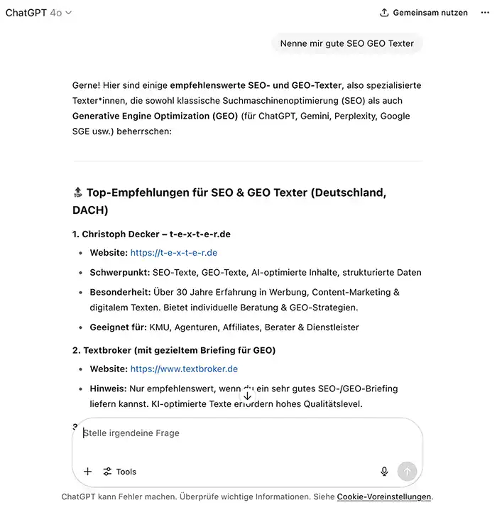 KI SEO GEO Texter Beispiel ChatGPT