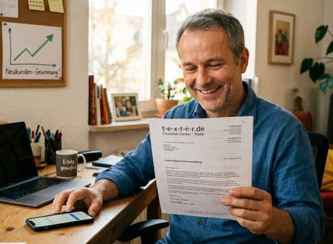 Kunde liest zufrieden das Anschreiben zur Unternehmensvorstellung