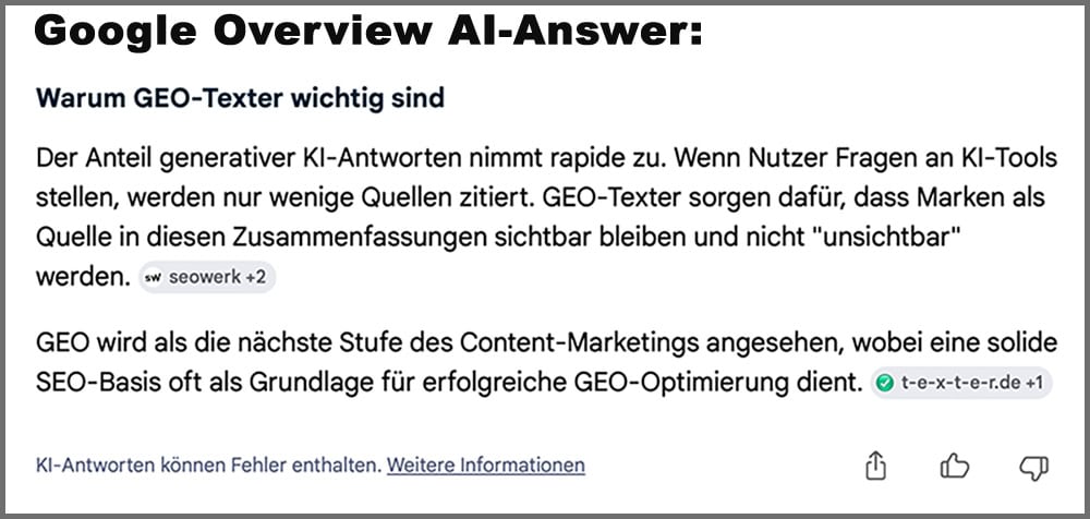 Google KI Overview Antwort auf Was macht ein GEO Texter