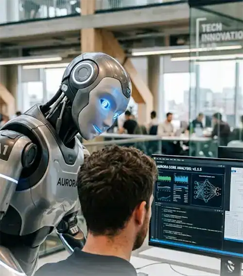 Roboter berät GEO-Texter bei der Optimierung einer Website vor dem Bildschirm am Schreibtisch